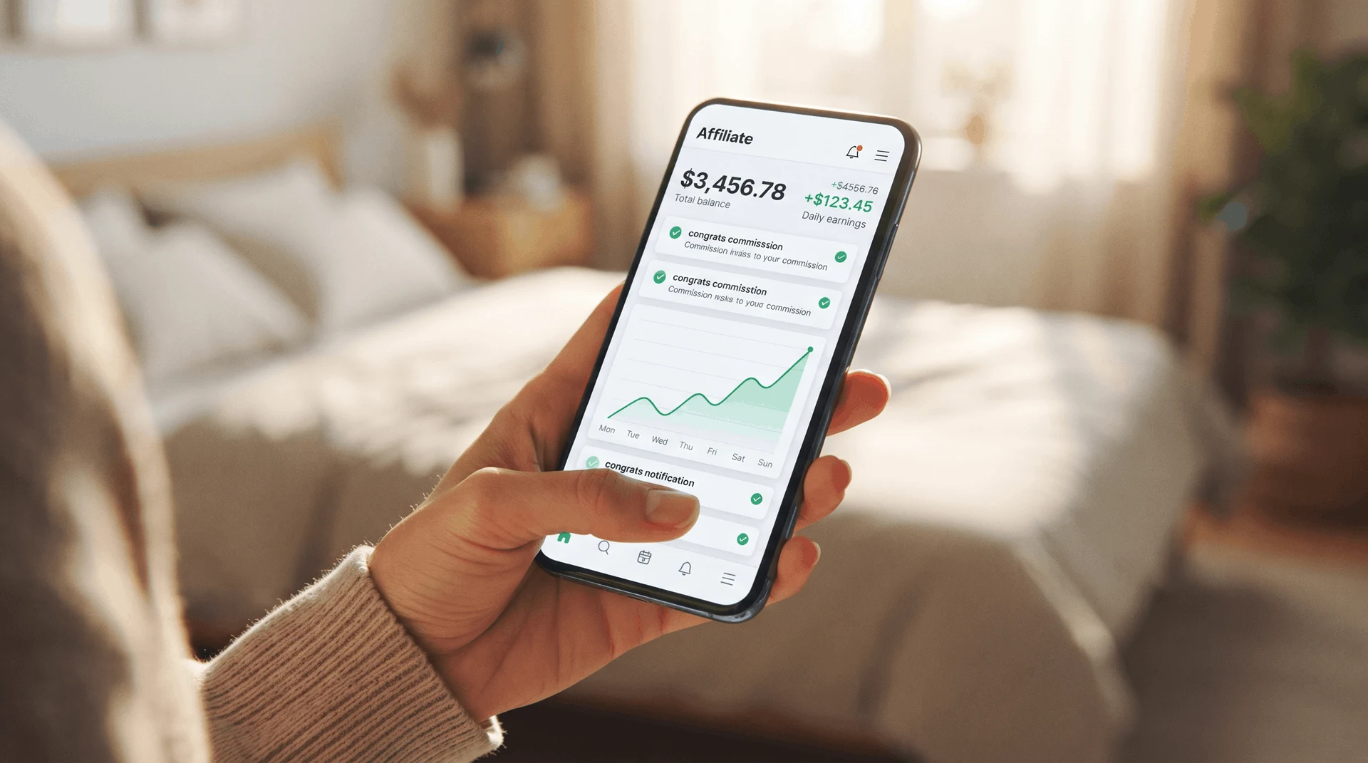 Passive income dashboard showing affiliate commissions earned overnight with AI tools