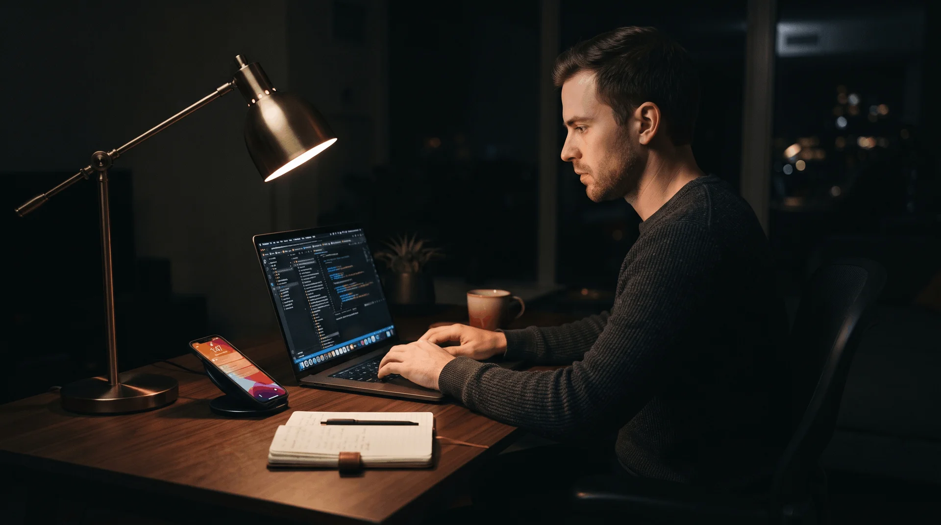 Man working on laptop late at night building AI passive income streams