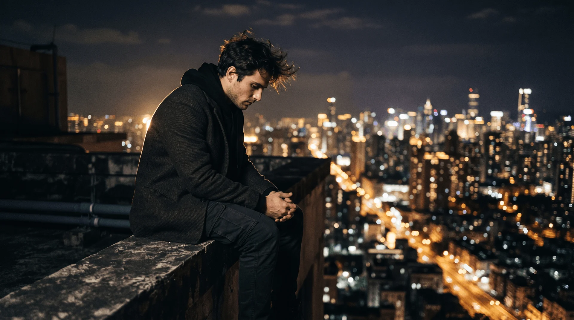Man sitting alone at night looking at city lights — broke invisible and alone