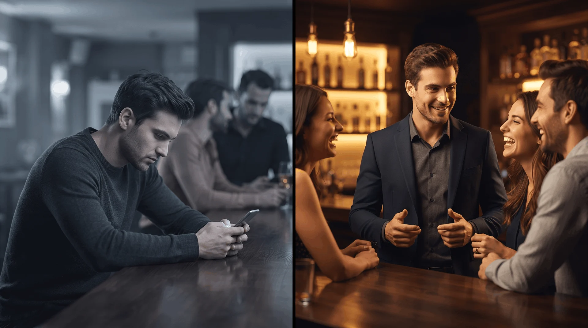 Side by side contrast — low value man slouching vs high value man standing tall and confident