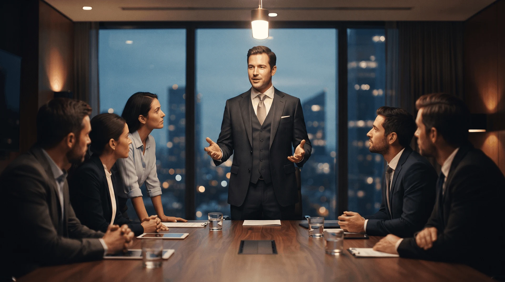 Confident man commanding attention in a business meeting — social power and presence